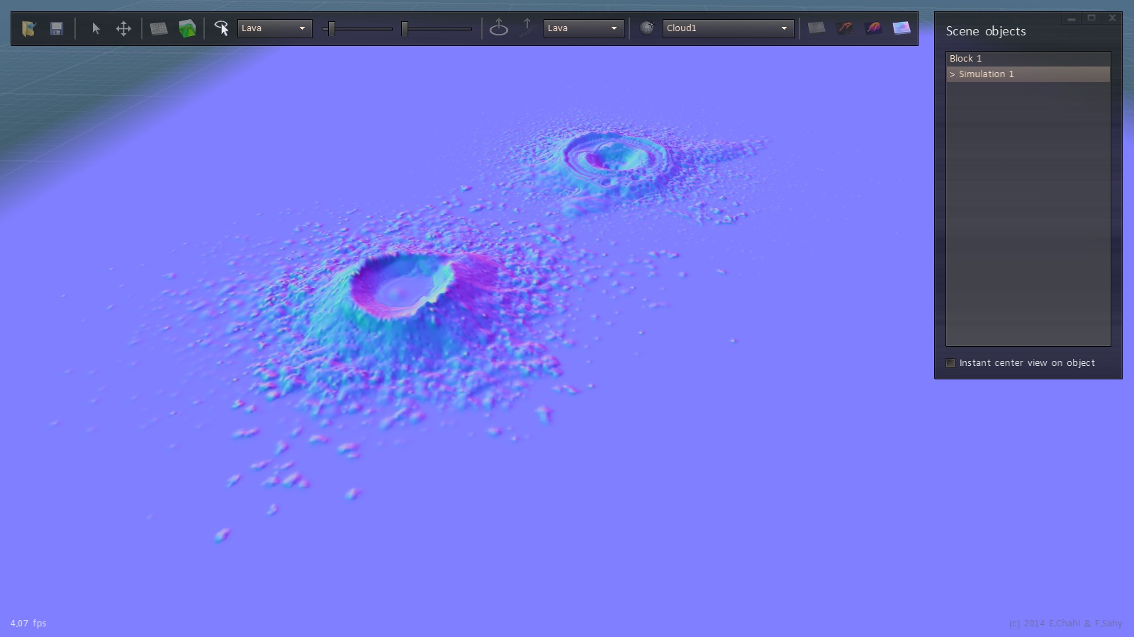 Inside the editor - normal-map debug view of two simulated cones
